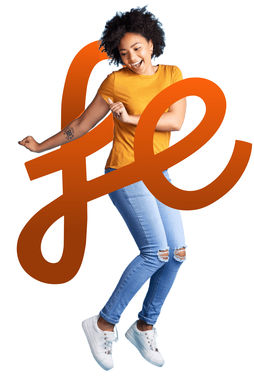 Young woman jumping joyfully in front of the fe emblem